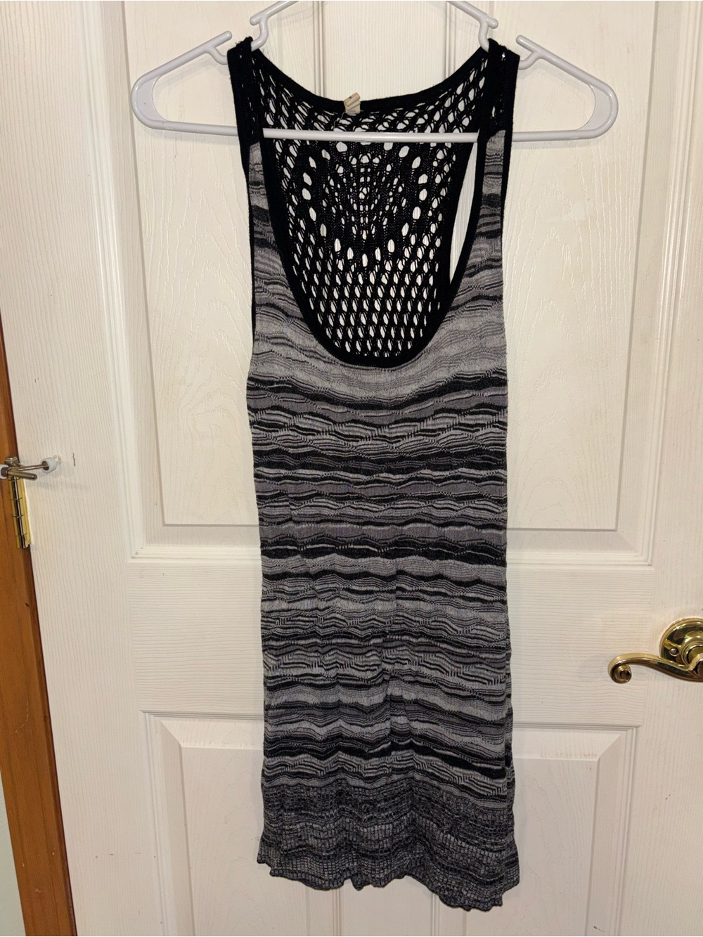 Striped Black & Gray Sleeveless Tank Dress with Crochet Back